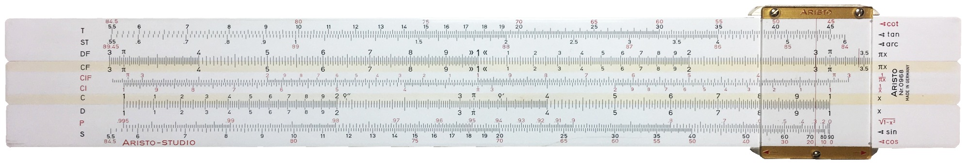 Front view of a “Studio” model slide rule by Aristo